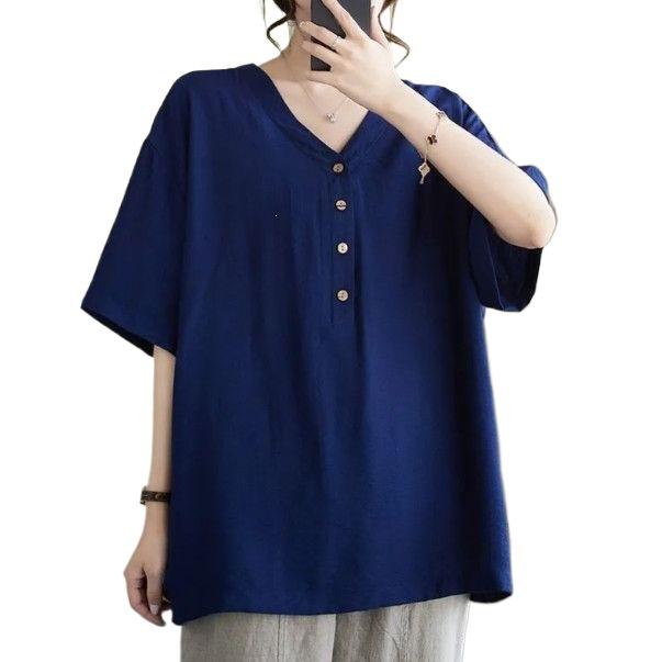 Plus Size Cotton Linen V-Neck Short-Sleeve Women's T-Shirt - Loose, Casual, Slimming Summer Fashion Top