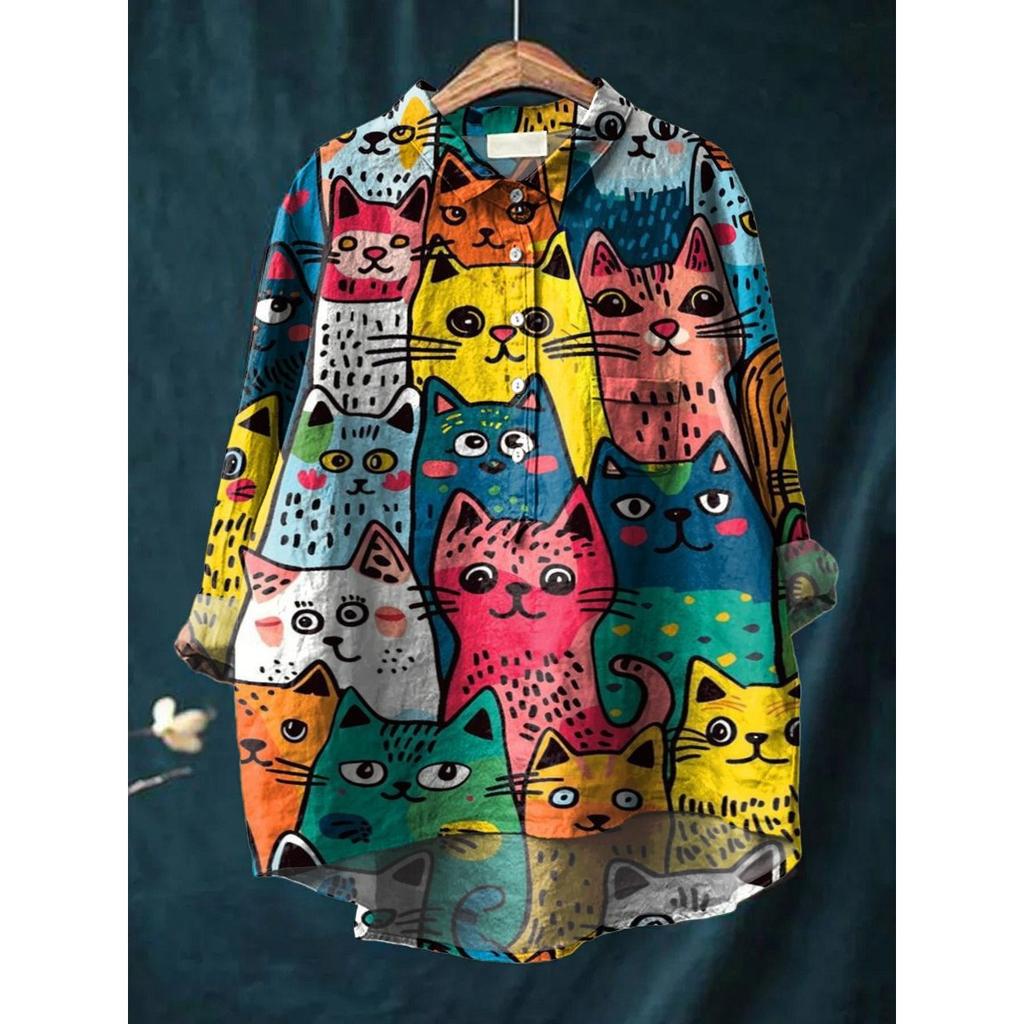Women's Turn Down Collar Long Sleeve Floral Print Shirt Loose Fit Elegant Casual Blouse