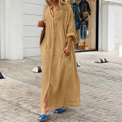 Robe de printemps et d'été pour femmes, grande taille, ample, couleur unie, simple boutonnage, poches, col en V, manches longues, ourlet fendu, doux, respirant, décontracté, longueur cheville
