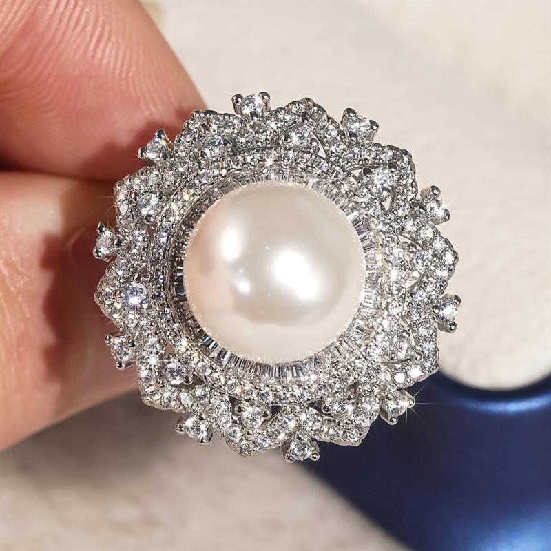 Huitan Gorgeous Round Women Ring Imitation Pearl Fancy Accessories for Wedding Engagement Noble Full Shiny CZ Lady Jewelry Gift