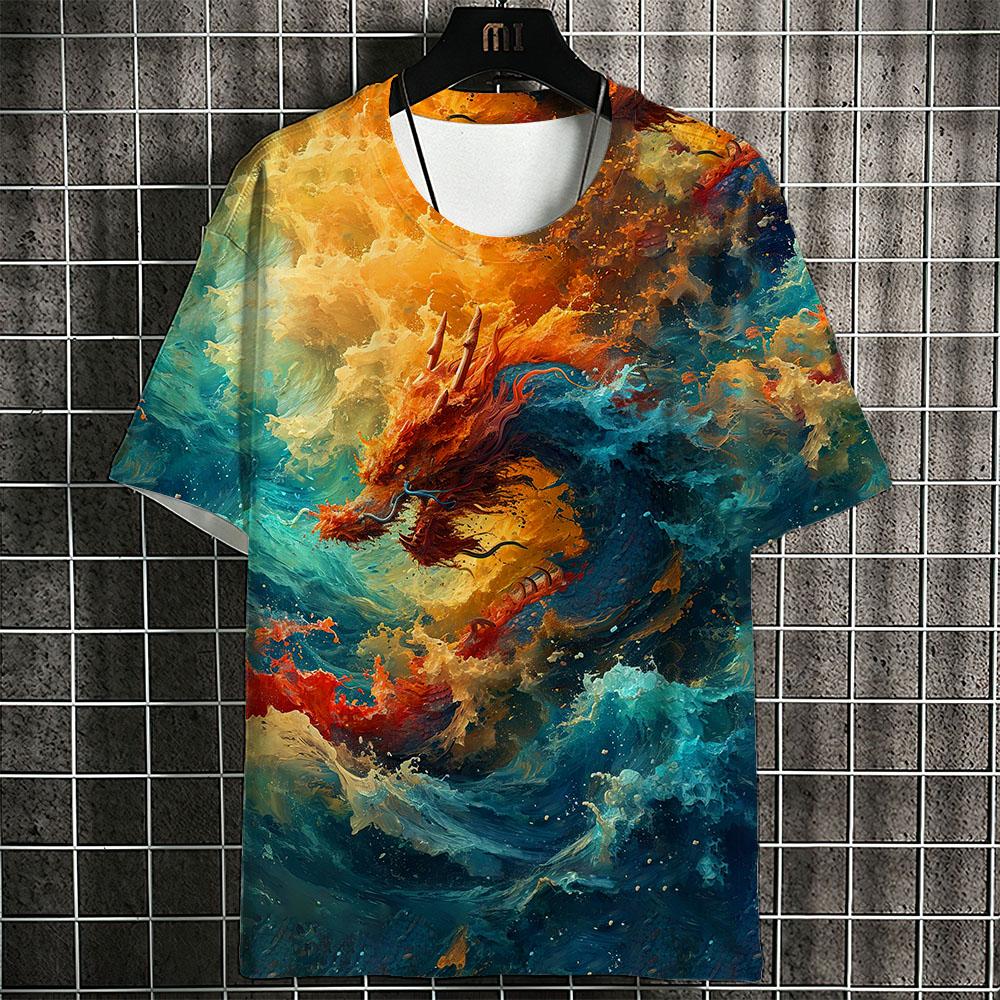 Summer Handsome T -Shirt For Men Chinese Dragon 3d Print Harajuku Clothing Casual Short Sleeve Tops Oversized Men's T Shirt