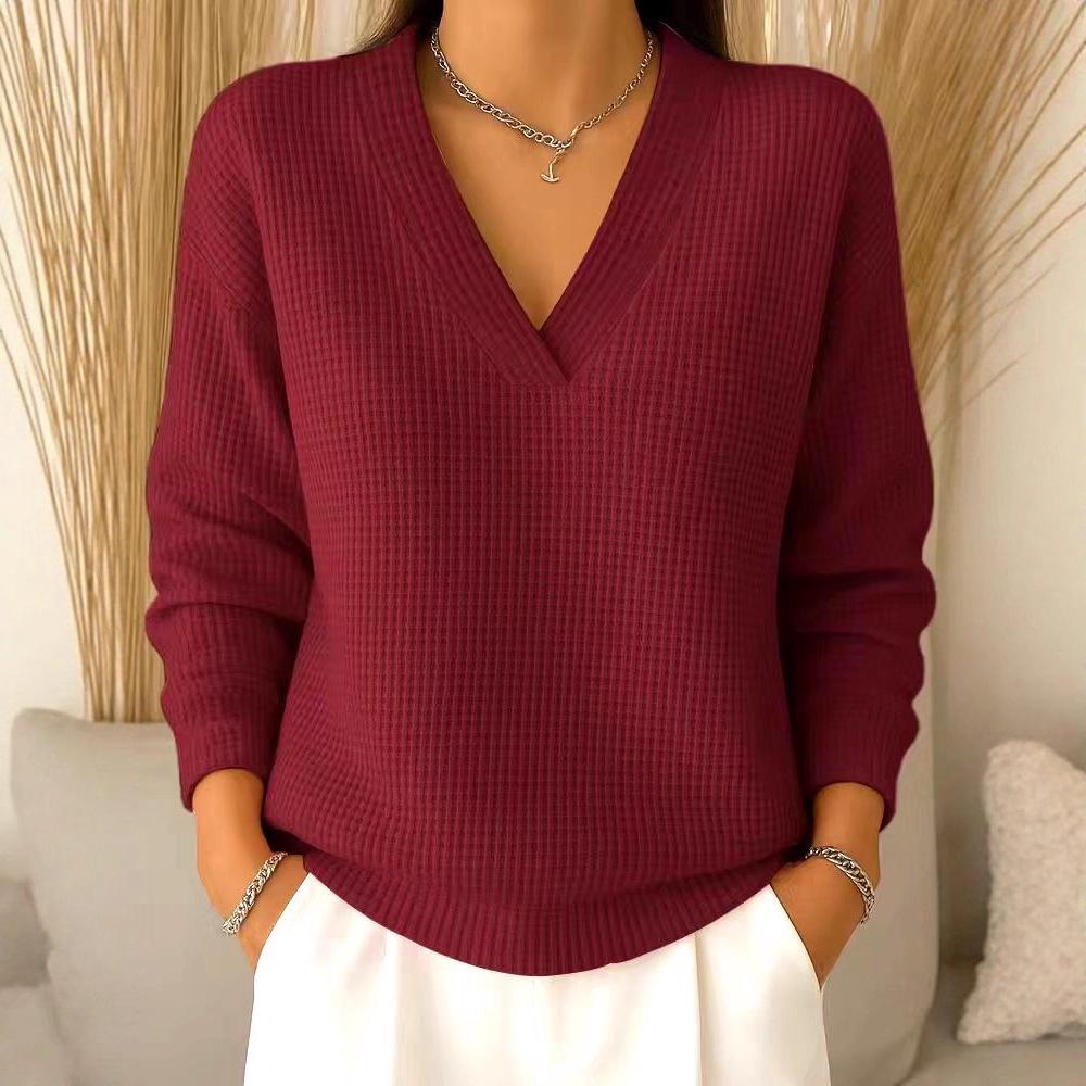 Top de damă versatil, cu gât în V, tricot waffle, culoare uni, stil european și american, toamnă 2025