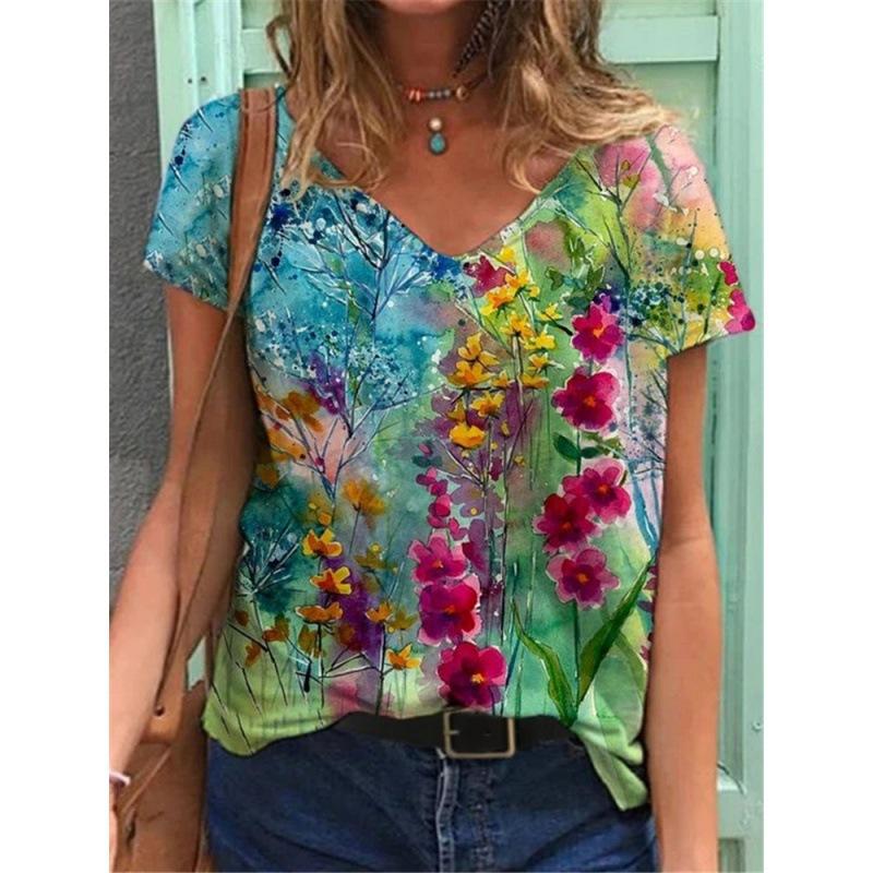 Ladies' Casual Summer Pullover V-neck T-shirt with Floral 3D Printing Short Sleeved Loose Women's Top T-Shirts Women’s
