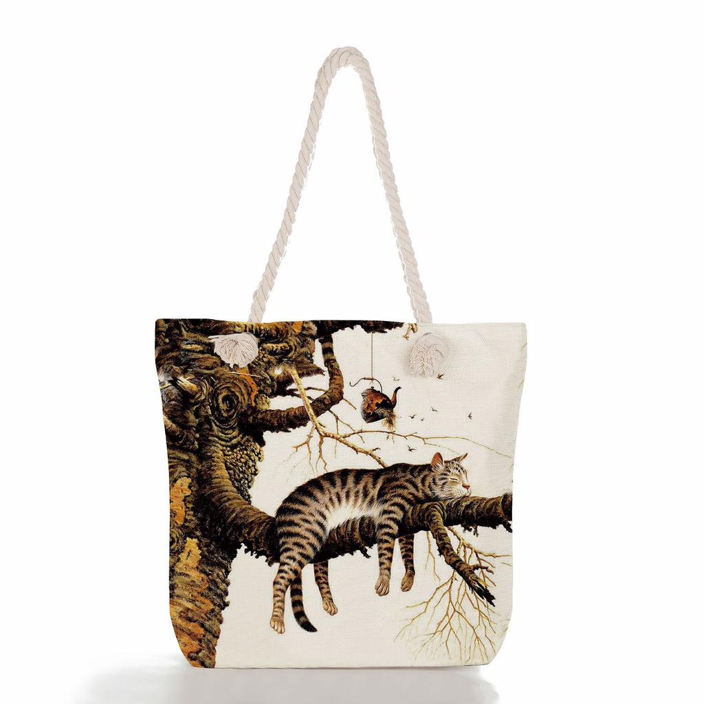 Cute Cat Print Thick Rope Single-shoulder Beach Bag 7211