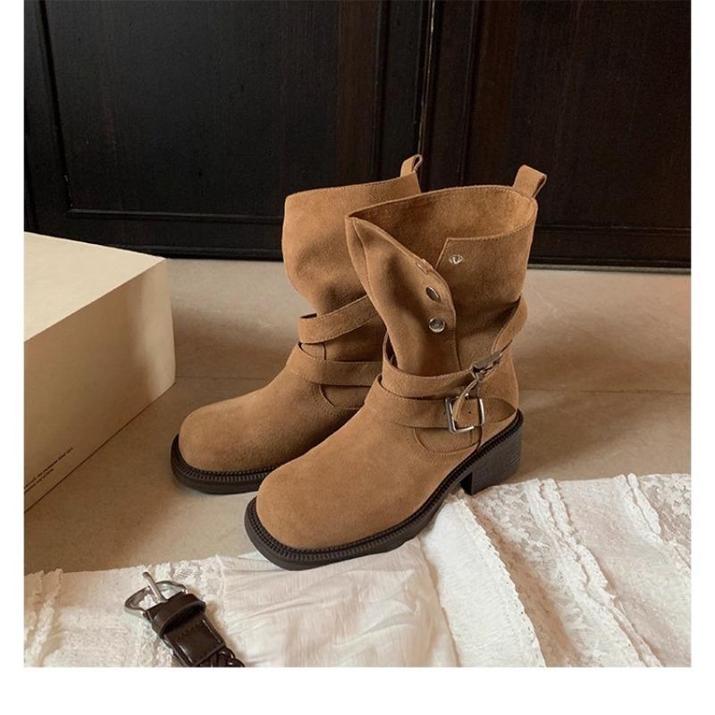 

Height increase .5cm~ Maillard thick heel thick bottom buckle strap cow suede high heel short boots women s autumn 40 верблюд