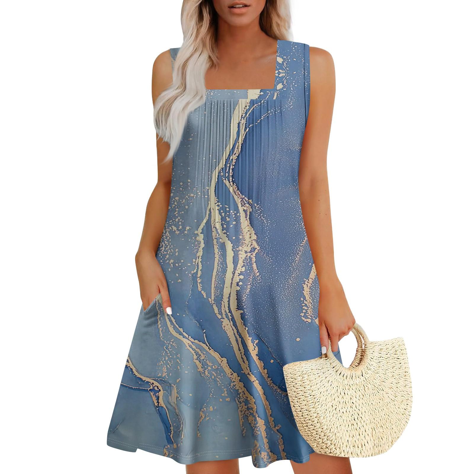 

Женские летние платья Свободные сарафаны без рукавов Платье с карманами M синий