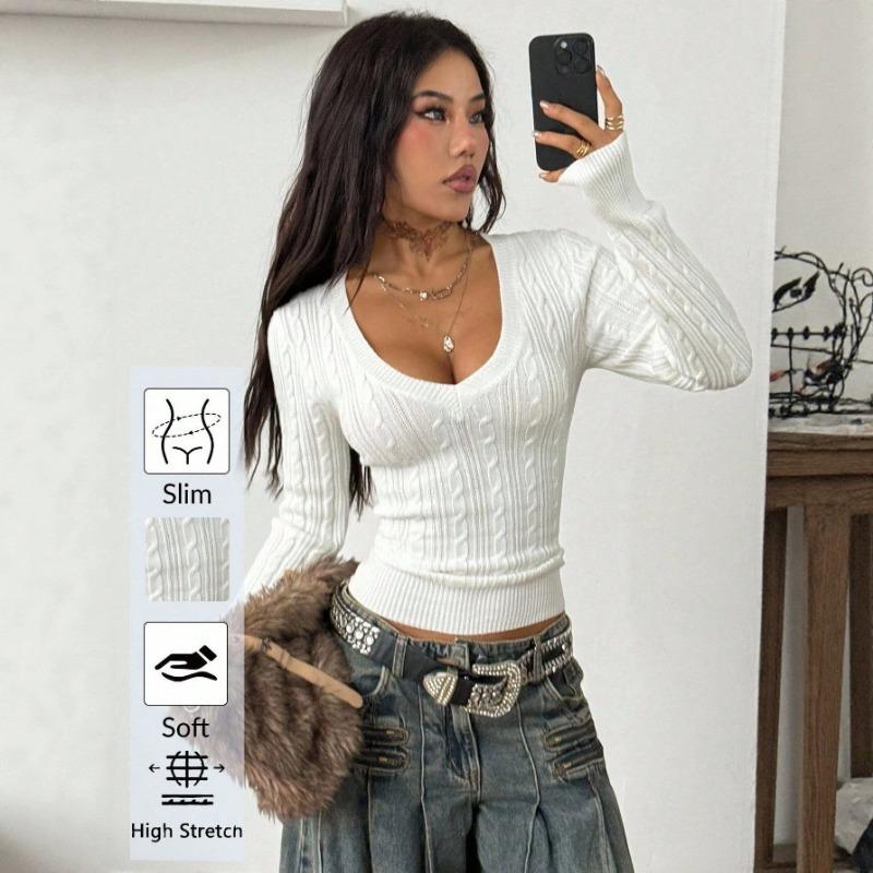 Women S V Neck Twisted Knit Sweater Slim Fit Short Length Long Sleeve Hot Girl Style