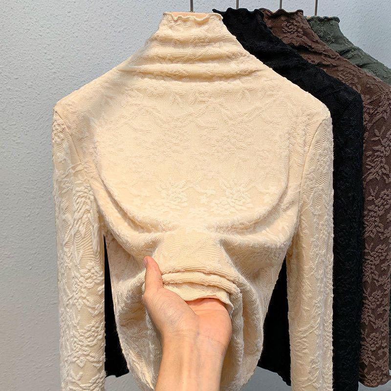 Women's Fashionable Semi-High Collar Lace Trim Shirt - Autumn/Winter Top