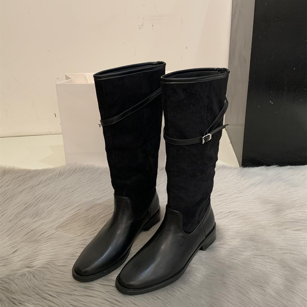 Trendy Out of the Street~ Retro Niche Splicing Contrasting Color Belt Buckle Boots Women's Round Head Thick Heel Pleated Pile Boots Tide