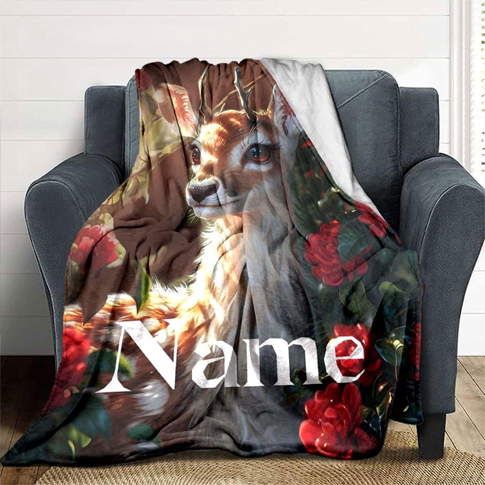 Deer With Flowers Home Customize Your Name Blankets Soft And Cozy For All Seasons Perfect For Picnics Sofa Office Bed Living Room Ideal Gift For
