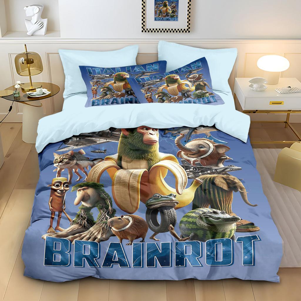 Cartoon ai Brainrot Tung Tung Sahur Bedding Set Bedroom Decoratio Duvet Cover Pillowcase Adult Boy Girl Single Double Large Siz