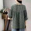 Vintage Floral Print Cotton Linen Blouse for Women Asian Size Long Sleeve Top Casual Lace Patchwork Collar Artistic Autumn Button Shirt