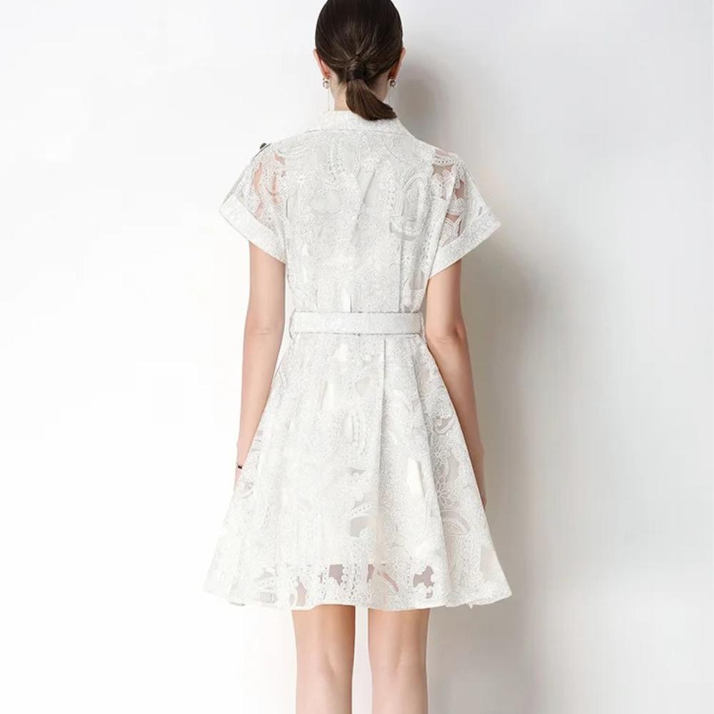 Elegant Lace Embroidery Hollow-out Mini Dress for Women Lapel High Waist A-Line Short Sleeve Single Belt Short Dress Summer