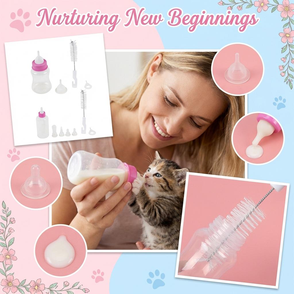 Pet Feeding Bottle Set for Newborn Puppies and Kittens Soft Silicone Nipples Multiple Teats with Bottle Brush for Small Animals Nursing Care