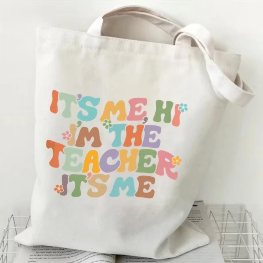 Teacher's Day Gift Teacher Print Canvas Tote Bag Women Handbag Colored Letters Teacher Canvas Tote Bag Floral Shoulder Bag