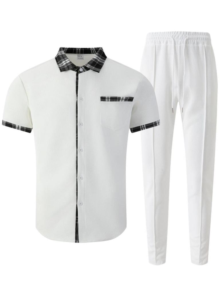 Men's Plaid Color Block Waffle Short Sleeve Cardigan Shirt & Long Pants Casual Set