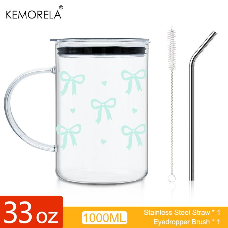1PCS 1000ML Bow-Knot Glass with Lid and Straw Handle High Borosilicate Glass Glass Water Cup Coffee Cup Summer Winter Drinkware