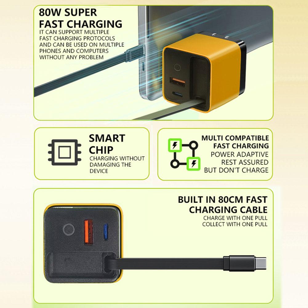 65W 3 In 1 Retractable Fast Charger Type C Cable 2 USB Ports Wall Plug for iPhone Laptops Multi-Device Fast Charger