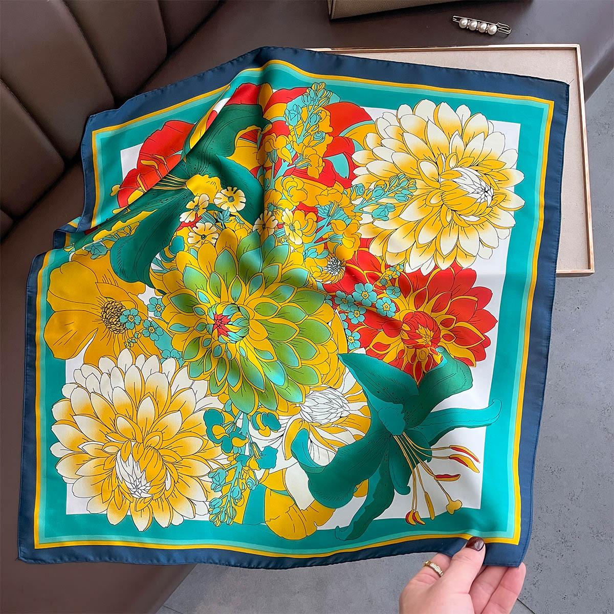 

New Floral Print Neck Scarfs Women Elegantly Square Silk Scarf Fashion Hijab Female Neckerchief Summer Shawls Bag Ribbon Foulard 70x70cm
