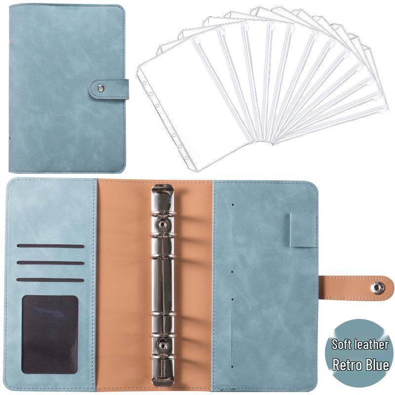 A6 Macaroon Leather Notebook Binder with 12 Refillable Zipper Pockets for Bills and Coins