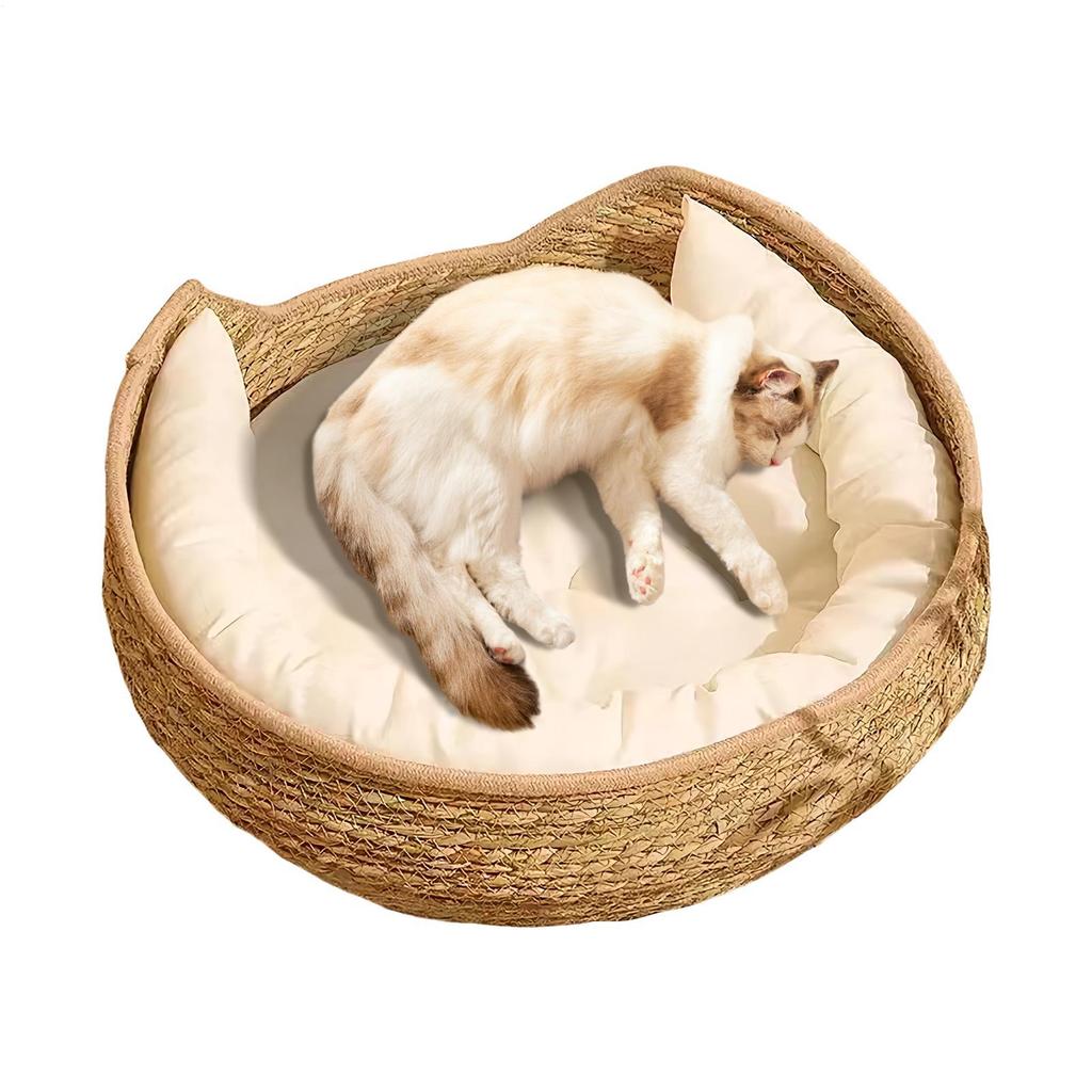 Woven Cat Bed Handmade Vine Woven Cat Nest Seasonal Warmth Pad Cat Bed Cotton Rope Round Bed for Cat Sleep with Pillow