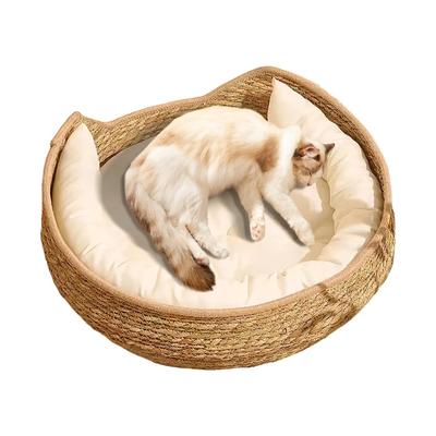 Woven Cat Bed Handmade Vine Woven Cat Nest Seasonal Warmth Pad Cat Bed Cotton Rope Round Bed for Cat Sleep with Pillow