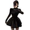 Sweet Spice Girl Semi-turtleneck Black Fluffy Dress Women's Spring and Autumn Design Sense Niche Waist Skinny A-Word Dress Short Skirt