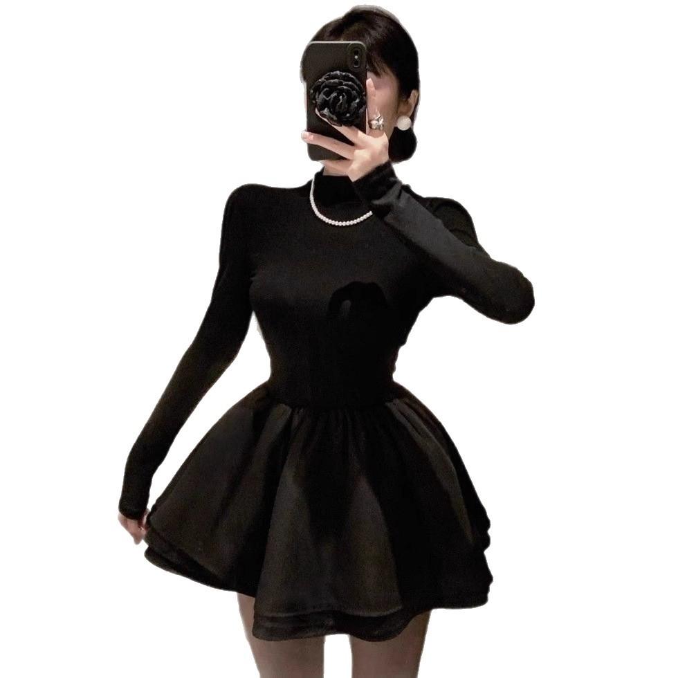 Sweet Spice Girl Semi-turtleneck Black Fluffy Dress Women's Spring and Autumn Design Sense Niche Waist Skinny A-Word Dress Short Skirt