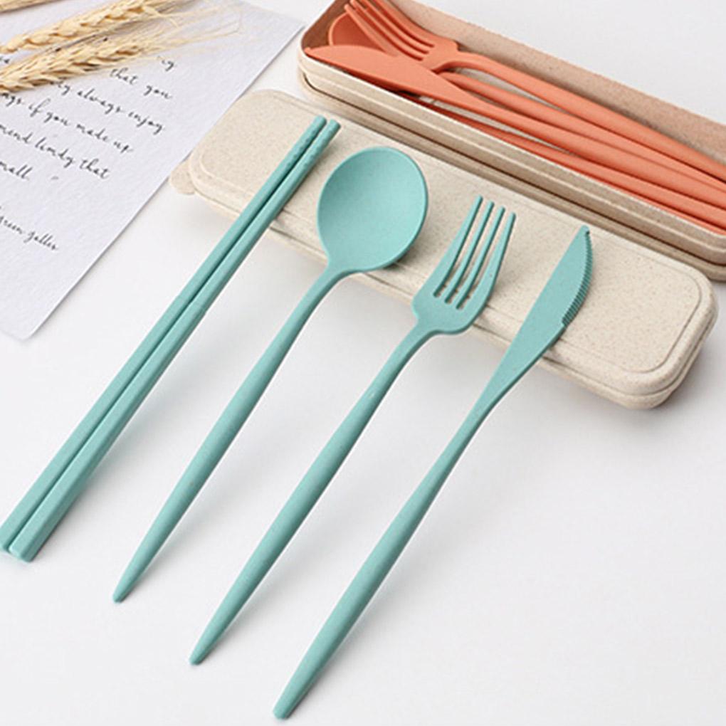 4dílná jídelní sada, sláma, vidlička, hůlky, lžíce, přenosná s úložným boxem