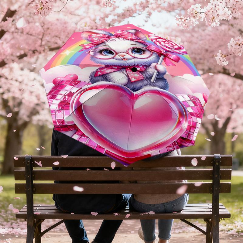 1pc Kitty Heart Pattern Umbrella Design Automatic Opening and Closing Umbrella, High-quality Travel Umbrella, c1128235