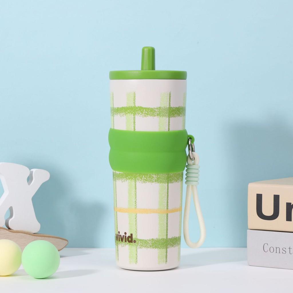 Print Plaid Letter Large Capacity Stainless Steel Insulated Cup With Straw