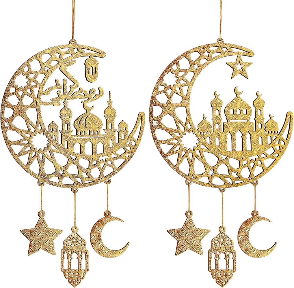 2pcs Wood Ramadan Decoration Islamic Moon & Hollow Star Wall Signs For Front Door Home Party Supplies