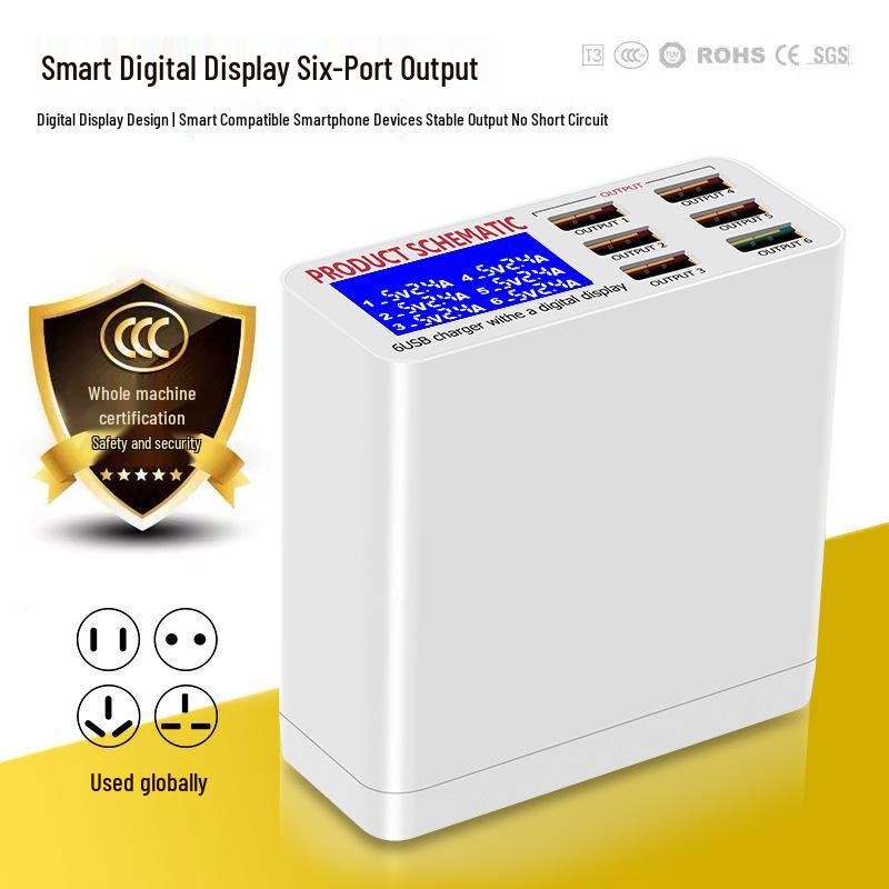 6-Port USB Fast Charger with LCD Display, 40W Multi-Port Desktop Charger
