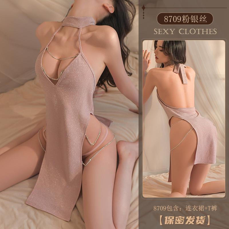 Erotic Underwear, Sexy and shiny Silver thread cutout, nightclub slit dress, women's hot uniform, Seductive pajamas 8709