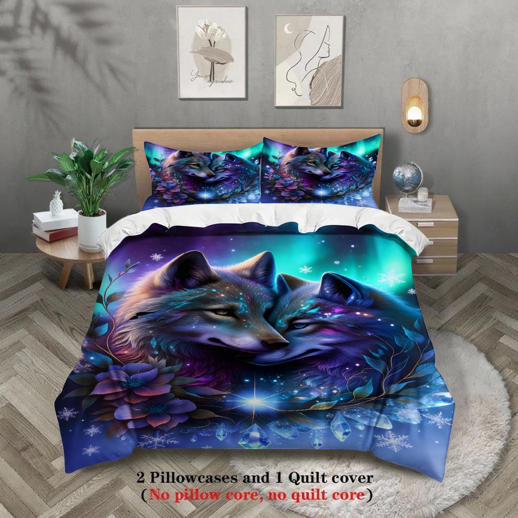 Wolf Couple Bedding Set Blue Purple Aurora Floral Print Bedding Set With Duvet Cover Pillowcases For Bedroom Decor