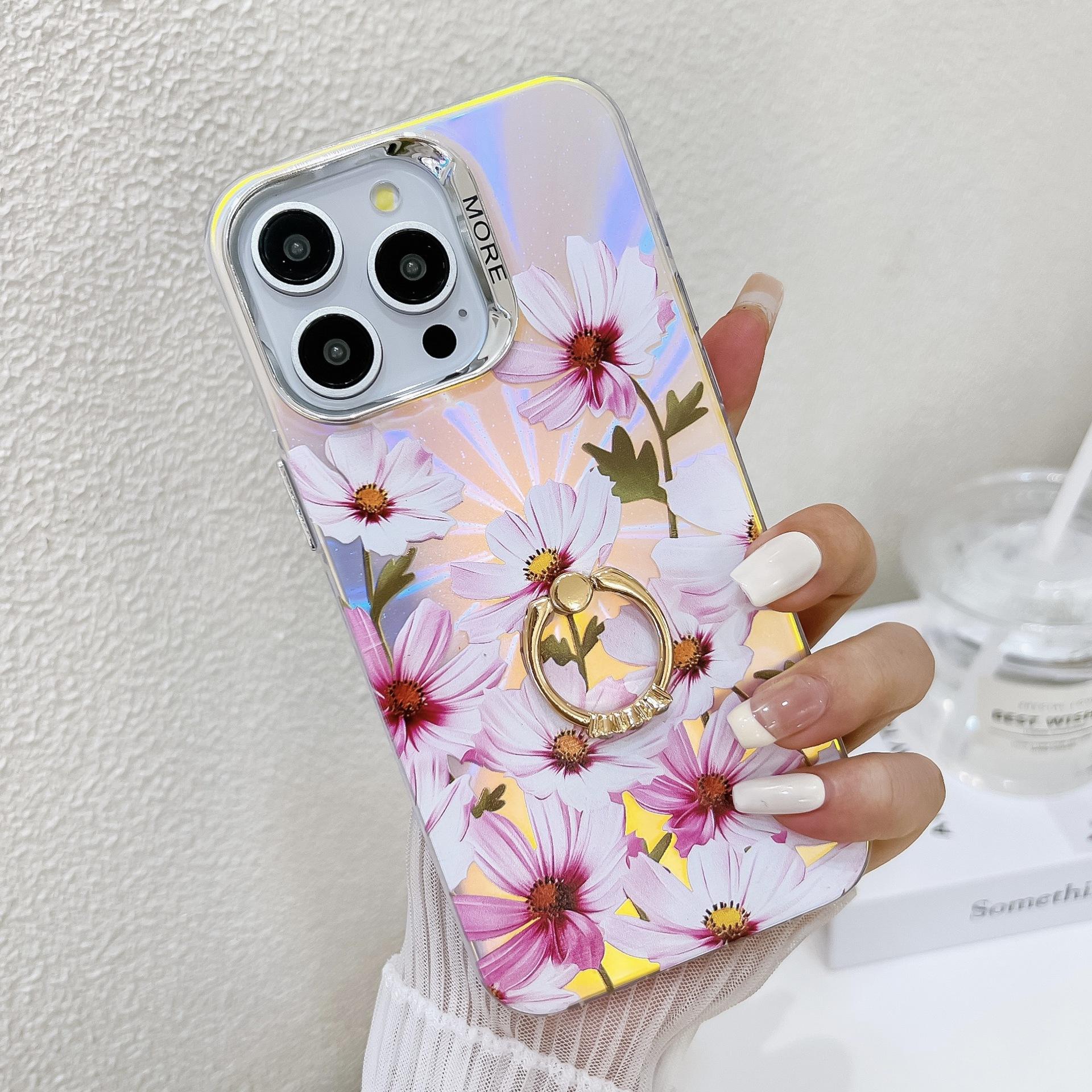 Чехол для мобильного телефона IPhone16ProMax для Apple 15 Держатель-кольцо Гальванизированный Лазерный Противоударный 14 Цветочный Жесткий Чехол For iPhone16