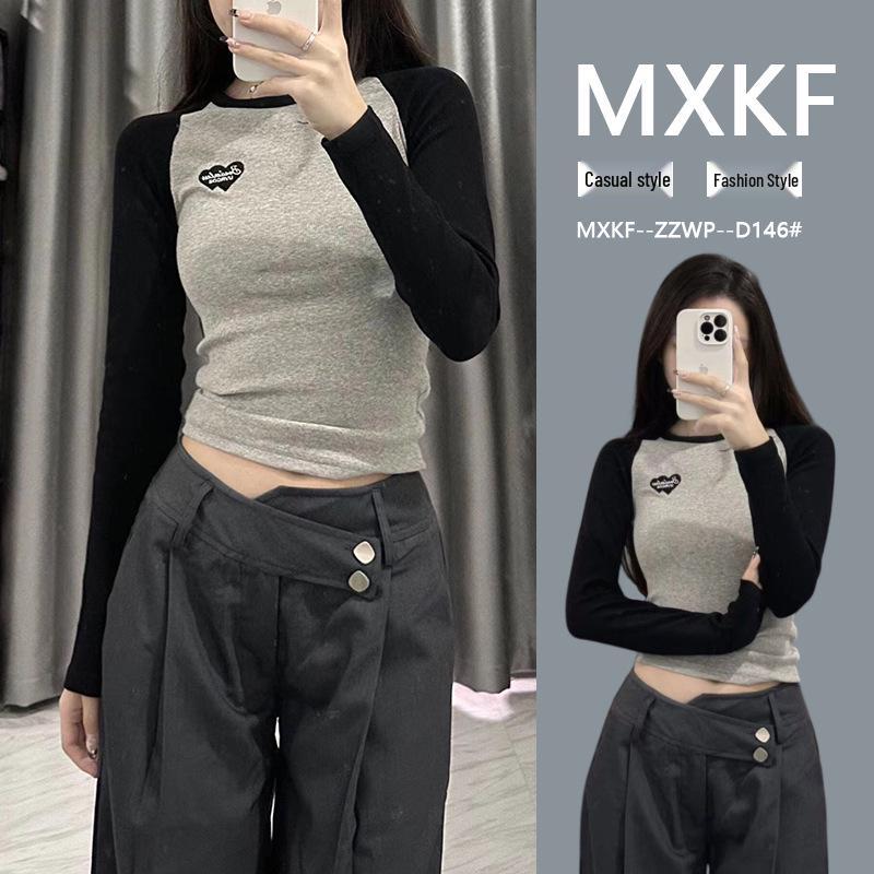 2023 Toamnă Coreean Retro Color Block Raglan Slim Fit Mânecă Lungă Top Strat de Bază pentru Femei