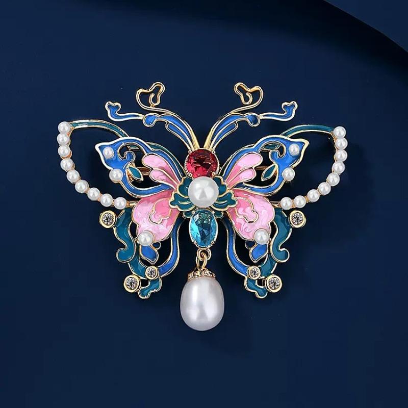 Enamel-colored Butterfly Brooch for Women, Featuring Chinese Style, with Pearl Embellishments, An Elegant Large Pin.
