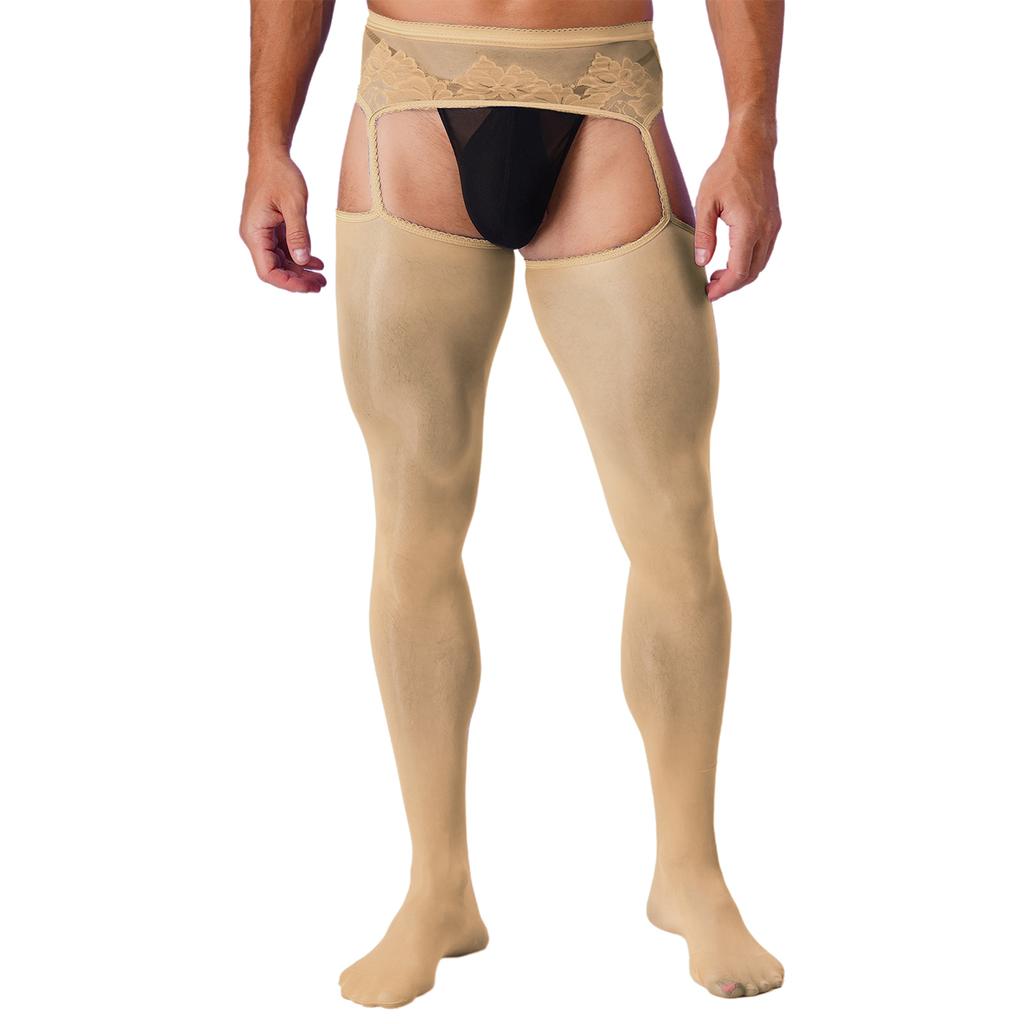 Mens Crotchless Pantyhose Floral Lace Design Open Leggings One Piece Garter Stockings Club Wear