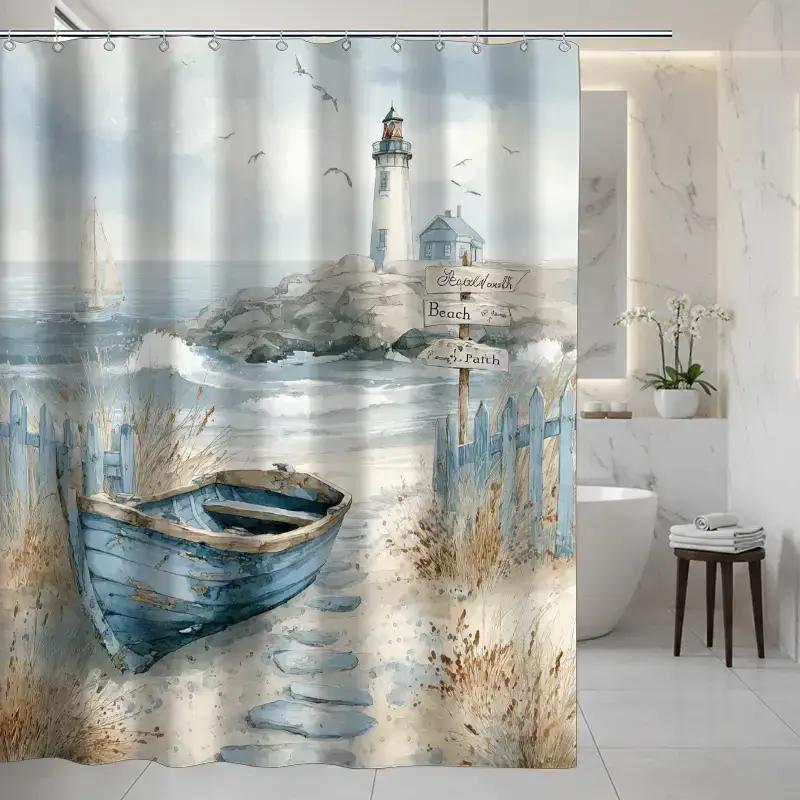 Watercolor Boat And Lighthouse Shower Curtain Beach Path Ocean View Waterproof Bath Decor Rustic Coastal Bathroom Curtains