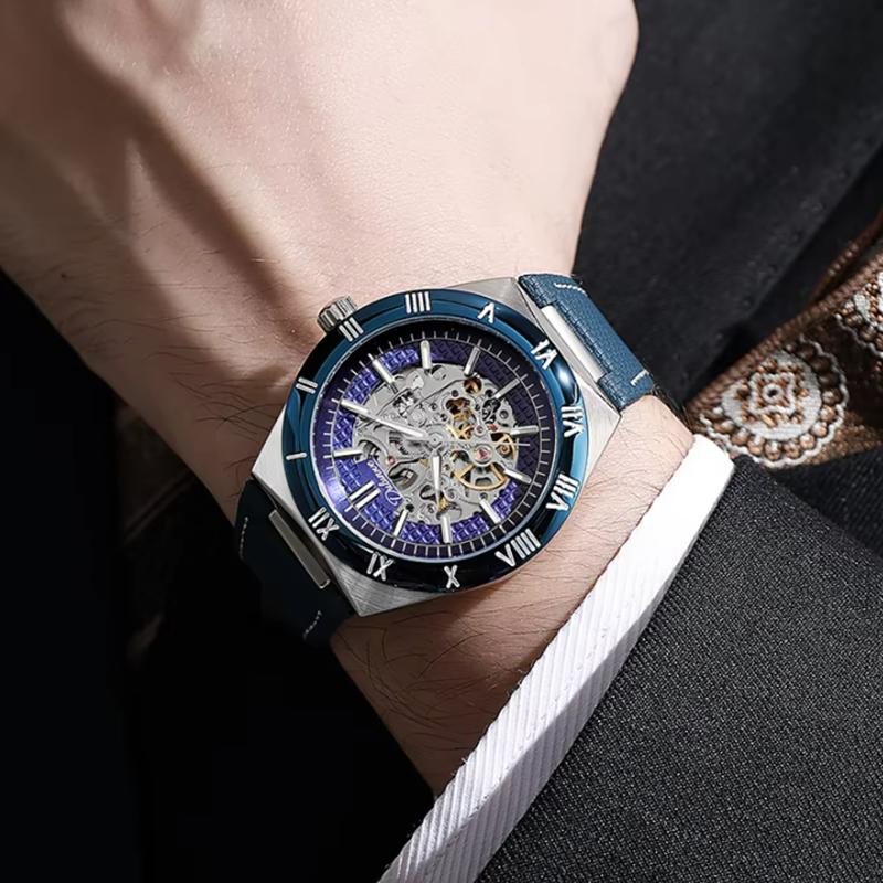Dulunwe Skeleton Mechanical Watches Blue Roman Dial Watch for Men Automatic Watches Luxury Sports Waterproof Clock