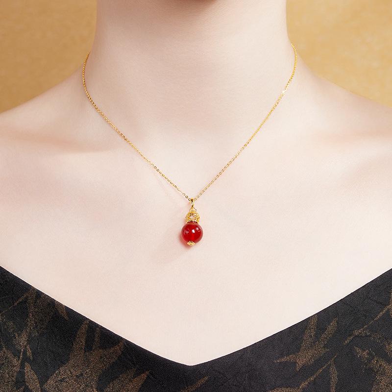 S925 Sterling Silver Fu Gourd Carnelian Pendant Necklace - Women's Chinese Style, Elegant Fresh Fashion Clavicle Chain