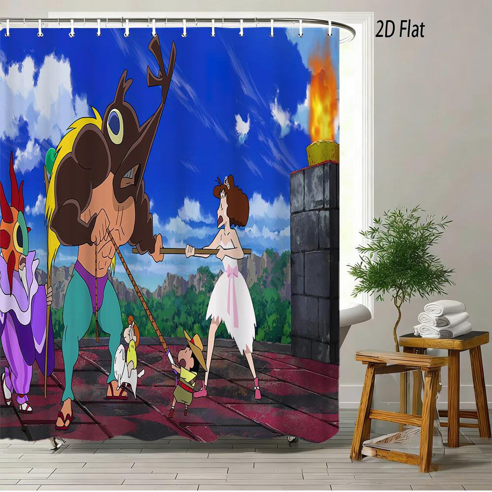 Crayon Shin-Chan & Friends Adventure 2D Print Waterproof Shower Curtain, Anime Bathroom Decor With Hooks