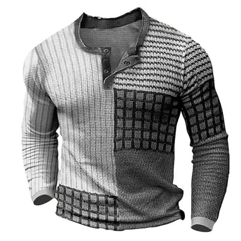 Men's Long Sleeve 3-Button T-Shirt with Color Block Design Fashion Digital Print Casual Outdoor