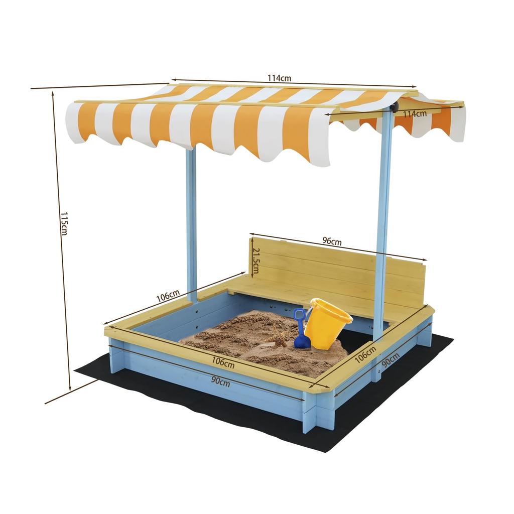 Covered Wooden Sandbox, Wooden Sandpit for Kids, Sand Play, Striped Roof with Sunshade, Adjustable Height, and Waterproof Sheet, Kids' Play Area,