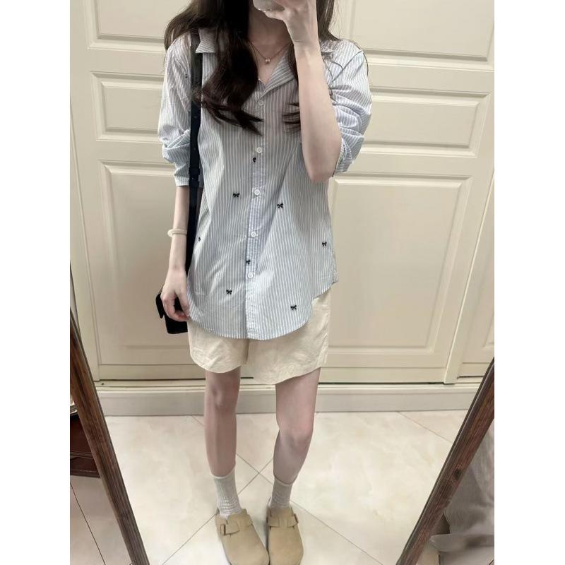 Blue and White Striped Bow-Print Long-Sleeve Shirt for Women - Stylish Early Autumn Mid-Length Top
