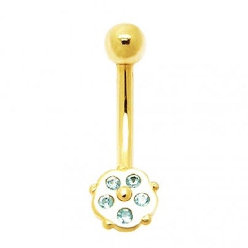 14K Gold Jeweled Tiny Flower Banana Bar Navel Ring - Quality Heart