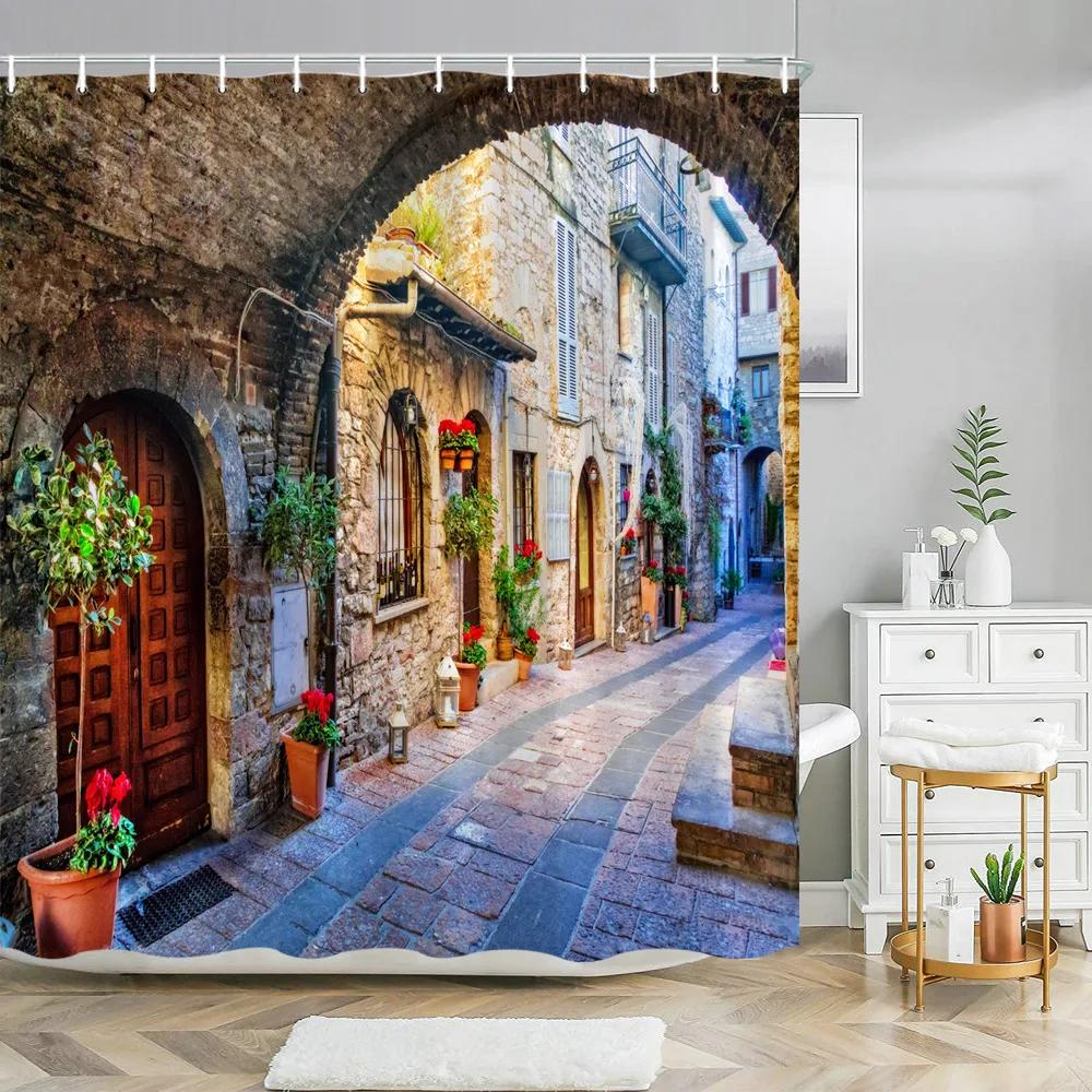 Greek Town Street View Shower Curtain Blue Wooden Doors Windows Flower Plant Wall Decor Bathroom Hanging Curtains Set With Hooks