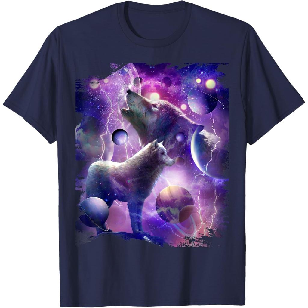 Cosmic Wolf Howling Graphic Tee Men Casual Round Neck Breathable Cotton Print Tshirt