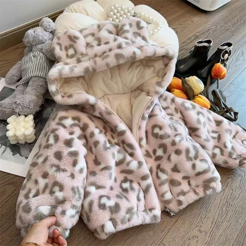 Herbst Winter Baby Mädchen Mantel Kinder Leo-Print und Plüsch Dicke Kapuzenjacke